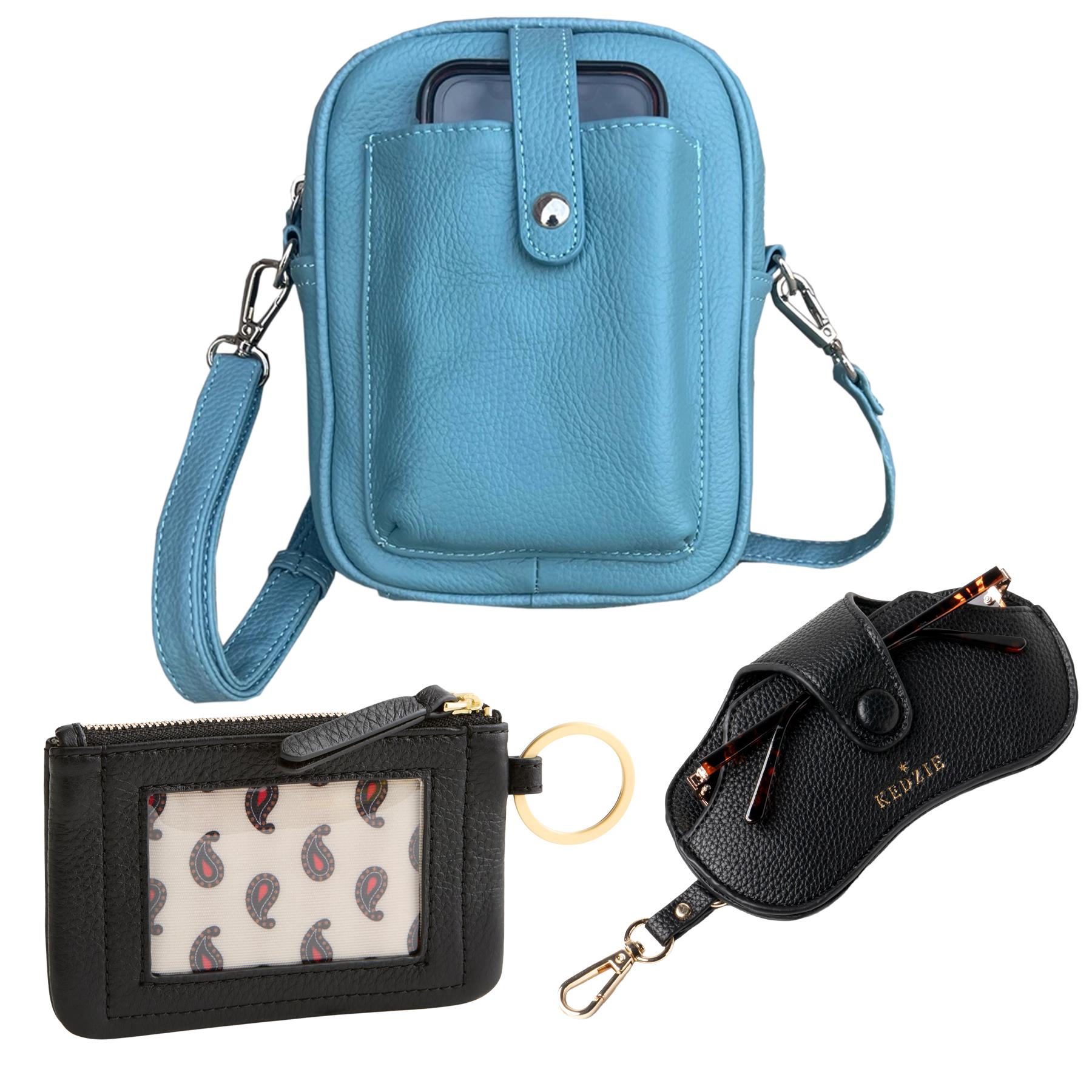 Crossbody Shoulder Bag with Phone Pocket (Light Blue) with Zip ID and Eyeglass Case