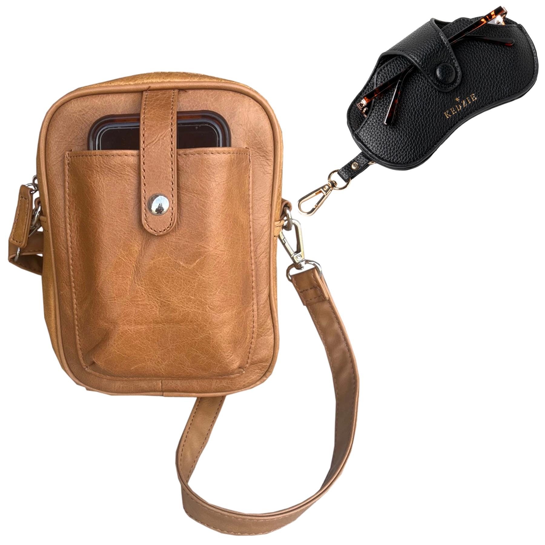 Crossbody Shoulder Bag with Phone Pocket (Light Brown) with Zip ID and Eyeglass Case