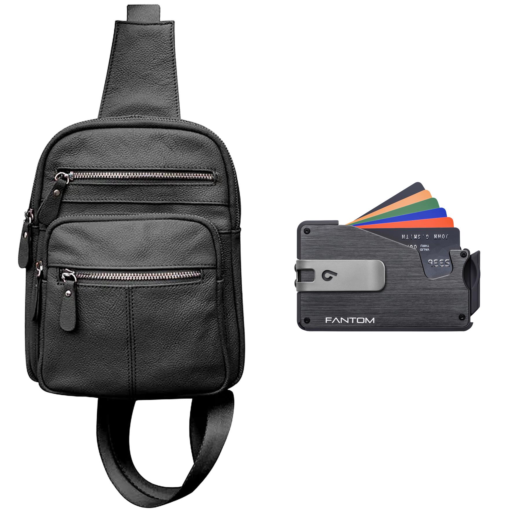 Modern Leather Sling (Black) with Fantom Wallet with Money Clip