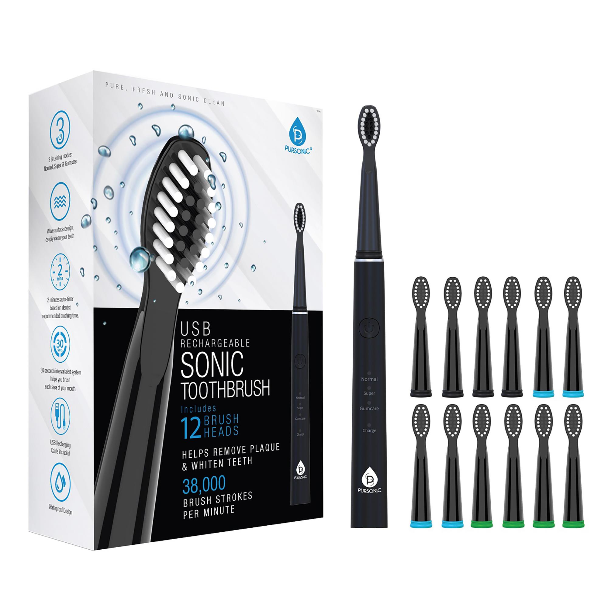 USB Rechargeable Sonic Toothbrush with 12 Heads - Black