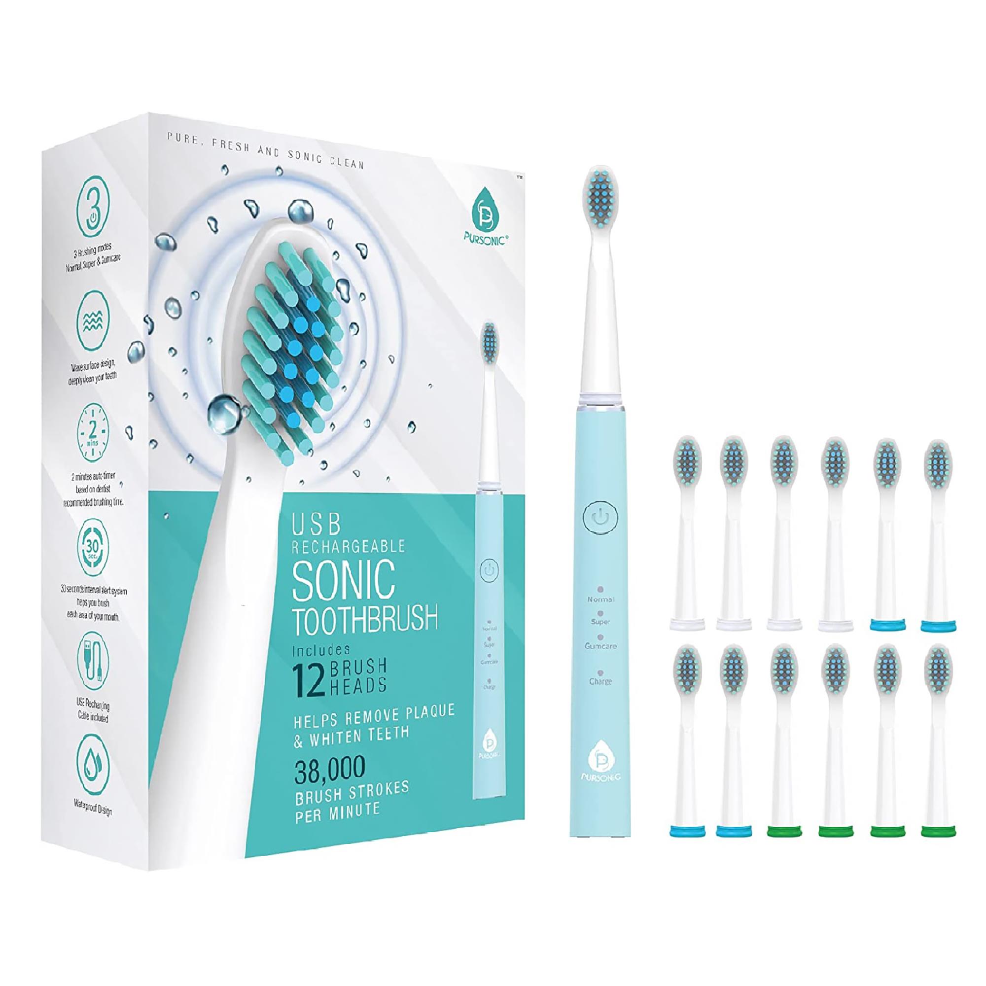 USB Rechargeable Sonic Toothbrush with 12 Heads - Green