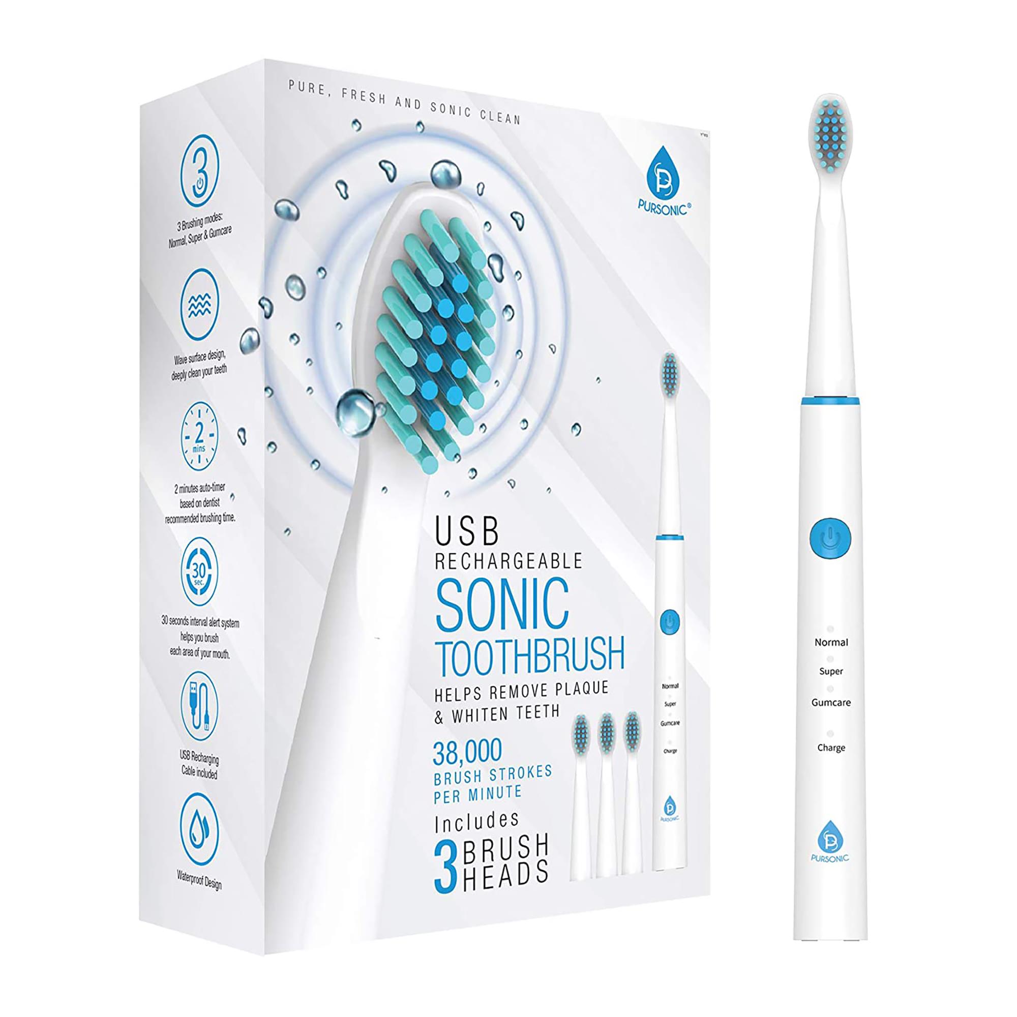 USB Rechargeable Sonic Toothbrush with 3 Brush Heads - White