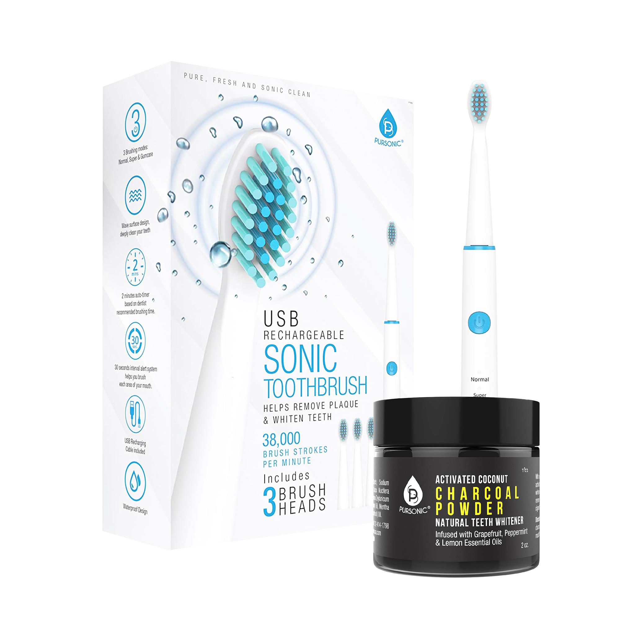 USB Rechargeable Rotary Toothbrush + Activated Coconut Charcoal Powder Natural Teeth Whitener