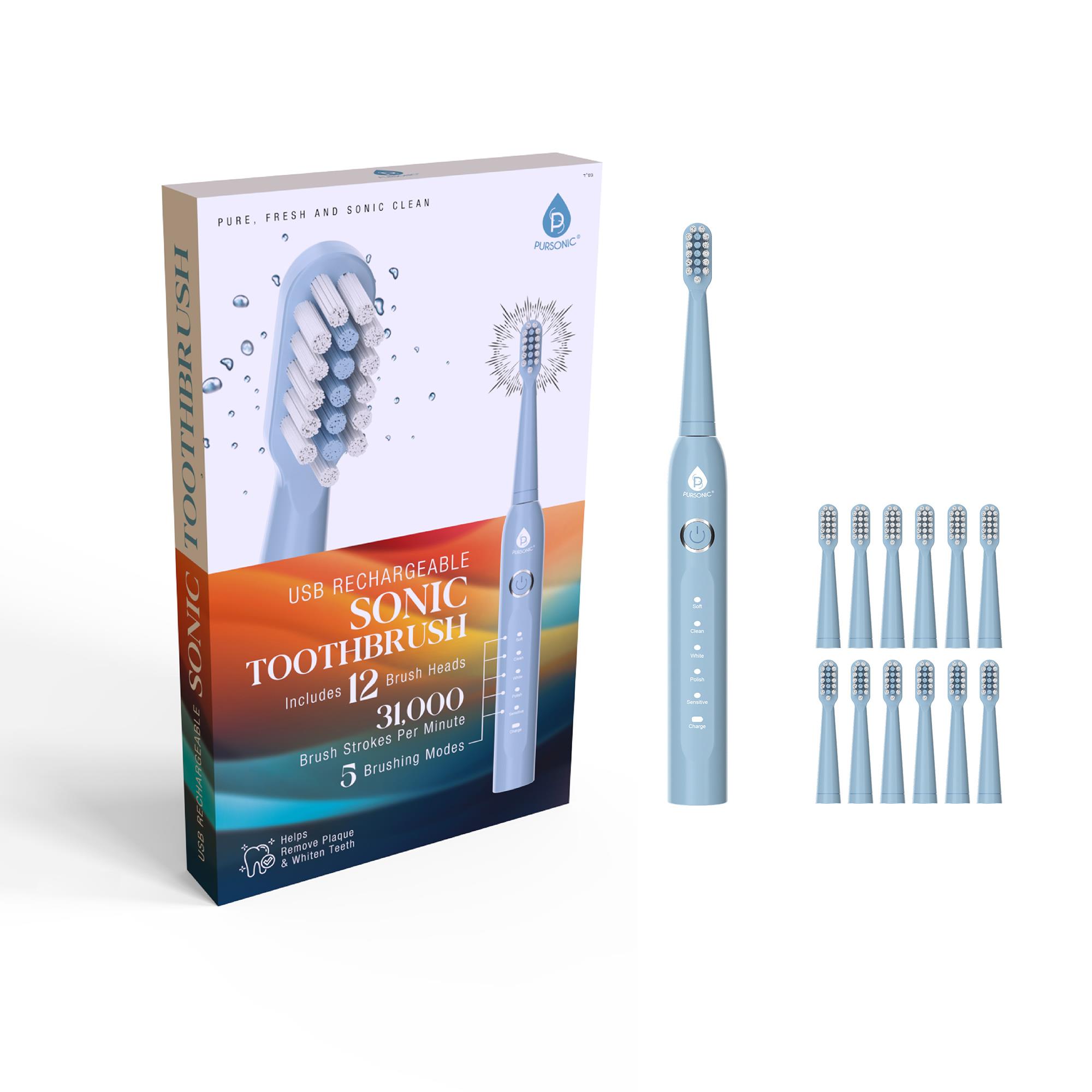 USB Rechargeable Sonic toothbrush with 12 Brush Heads - Blue