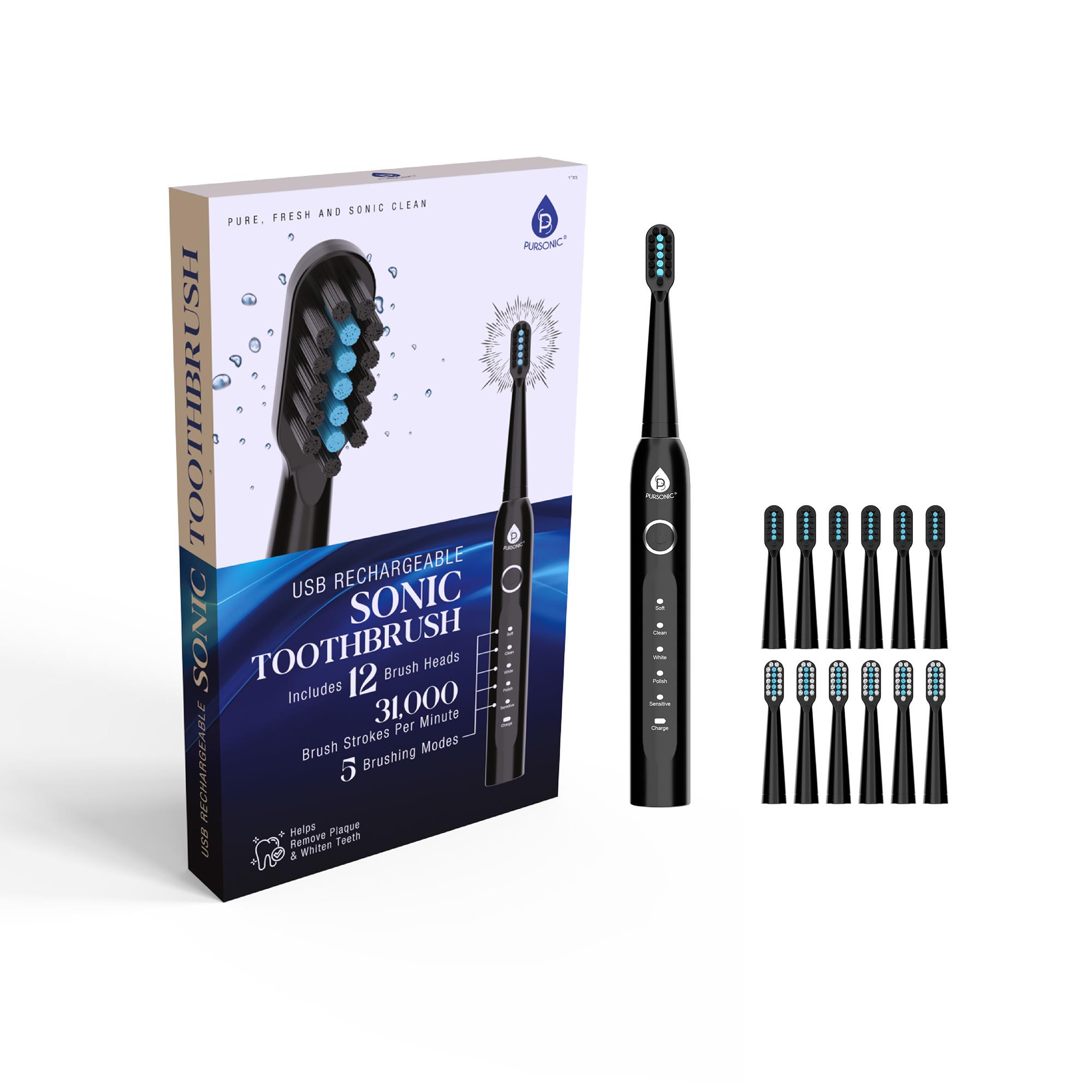 USB Rechargeable Sonic toothbrush with 12 Brush Heads - Black