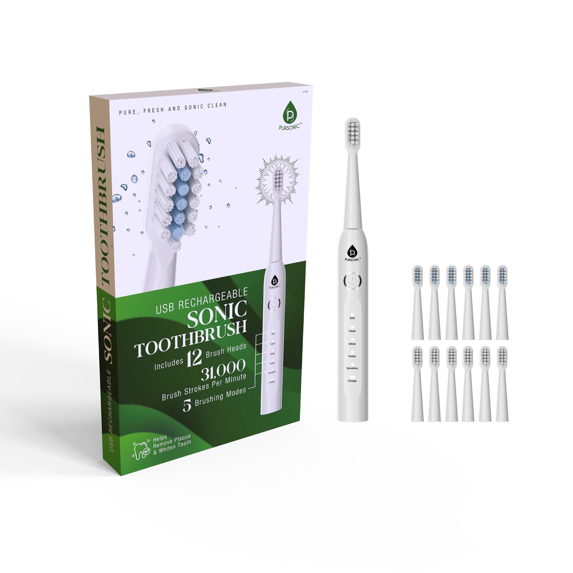 USB Rechargeable Sonic Toothbrush with 12 Heads - White