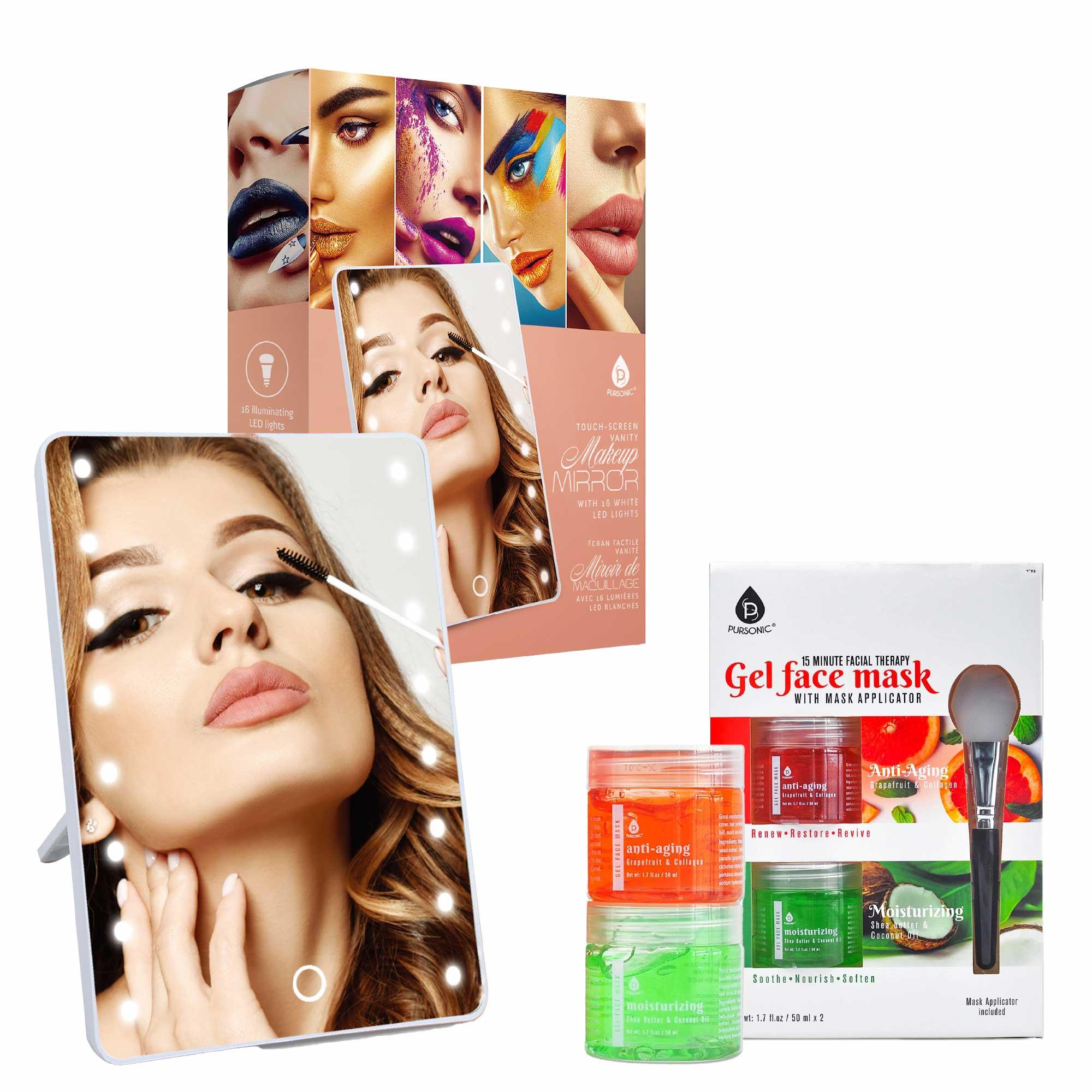 Touchscreen LED Vanity Mirror and Luxurious Gel & Mud Face Mask Set