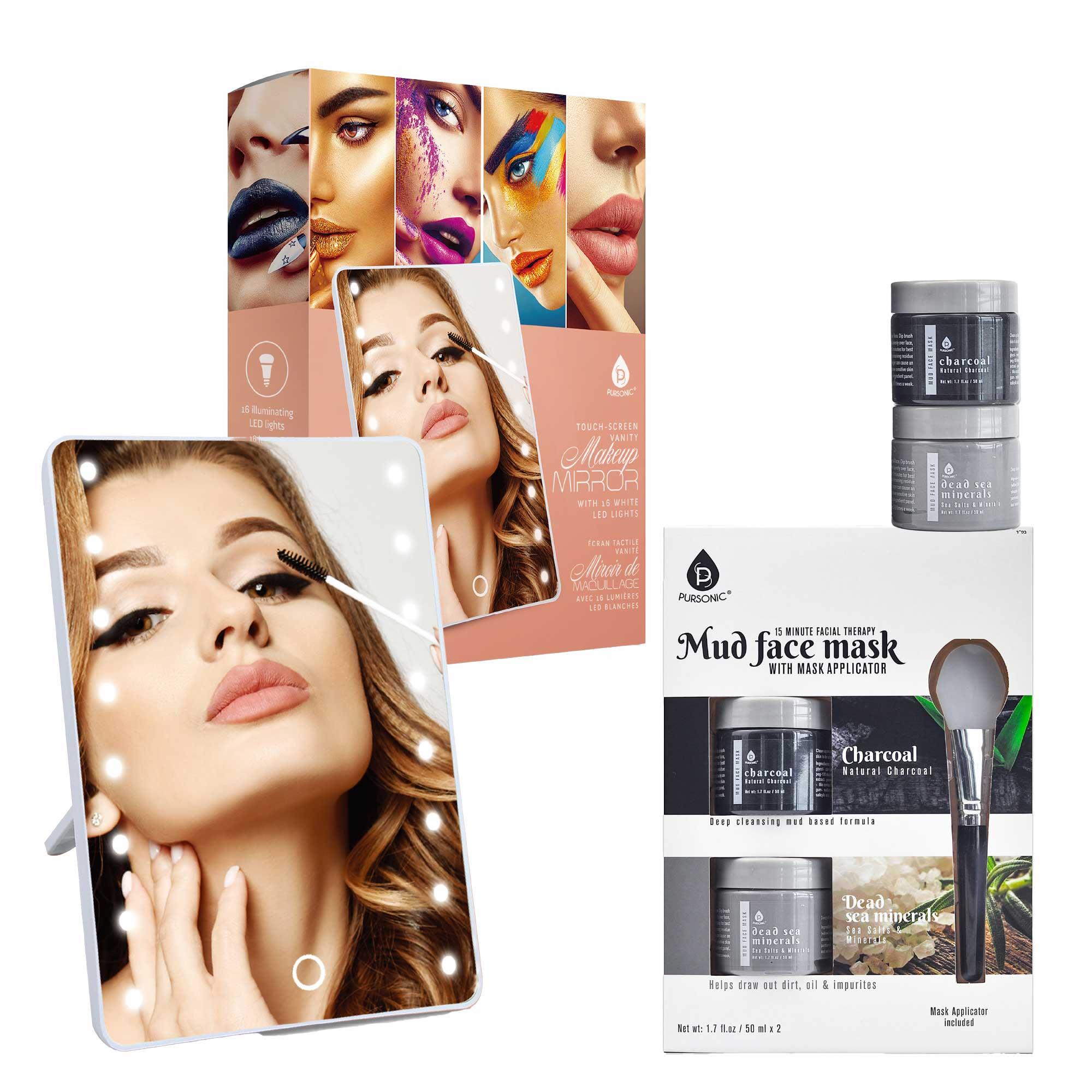 Touchscreen LED Vanity Mirror and Luxurious Gel & Mud Face Mask Set