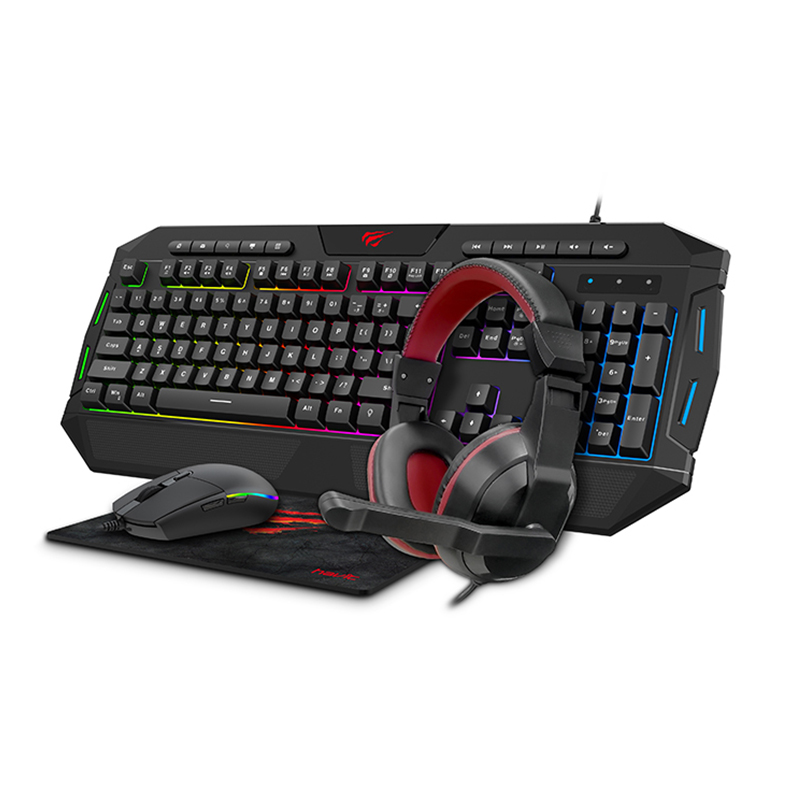 Havit 4-in-1 RGB lighting Mouse + LED Backlit 114-key Multimedia gaming keyboard + 3.5mm Headset + Fine mesh cloth Mouse Pad combo_Black
