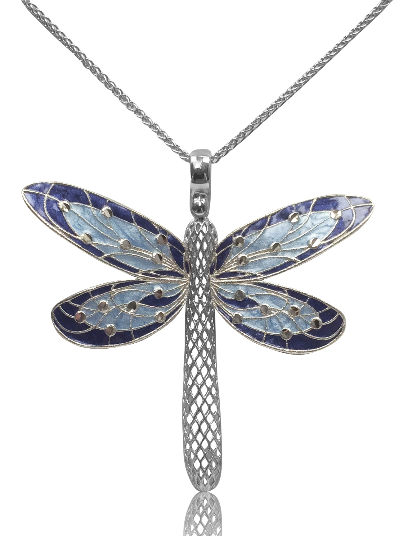Sds29-Sterling Silver Blue Enamel Dragonfly Necklace