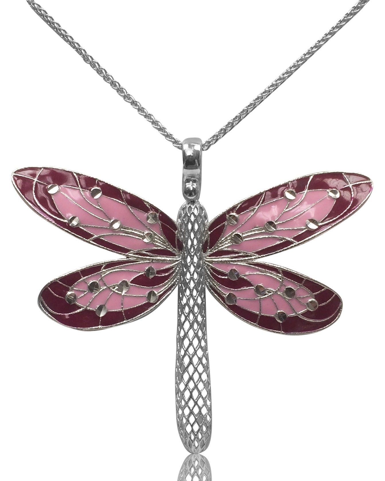 Sds30-Sterling Silver Pink Enamel Dragonfly Necklace