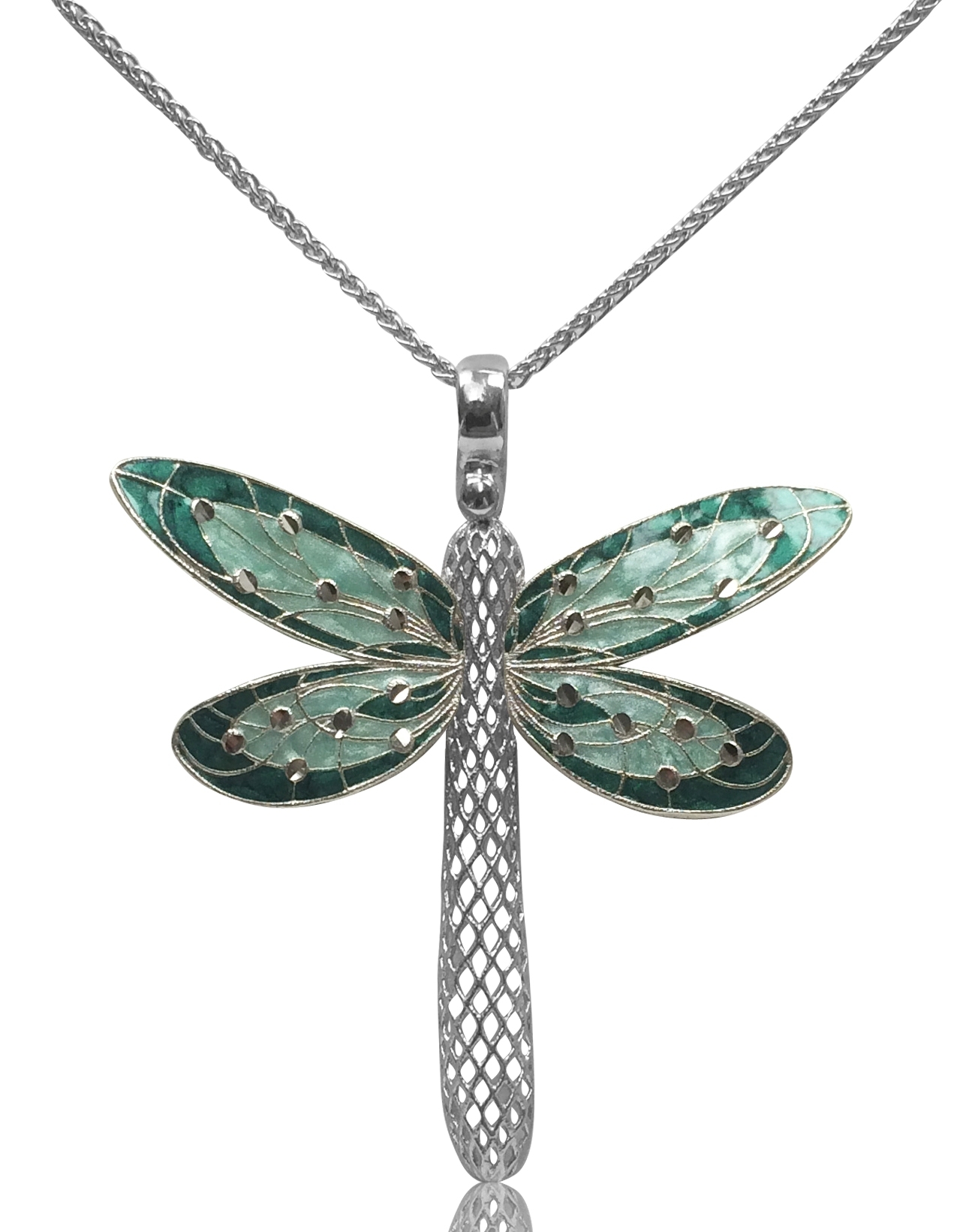 Sds31-Sterling Silver Emerald Colour Dragonfly Necklace