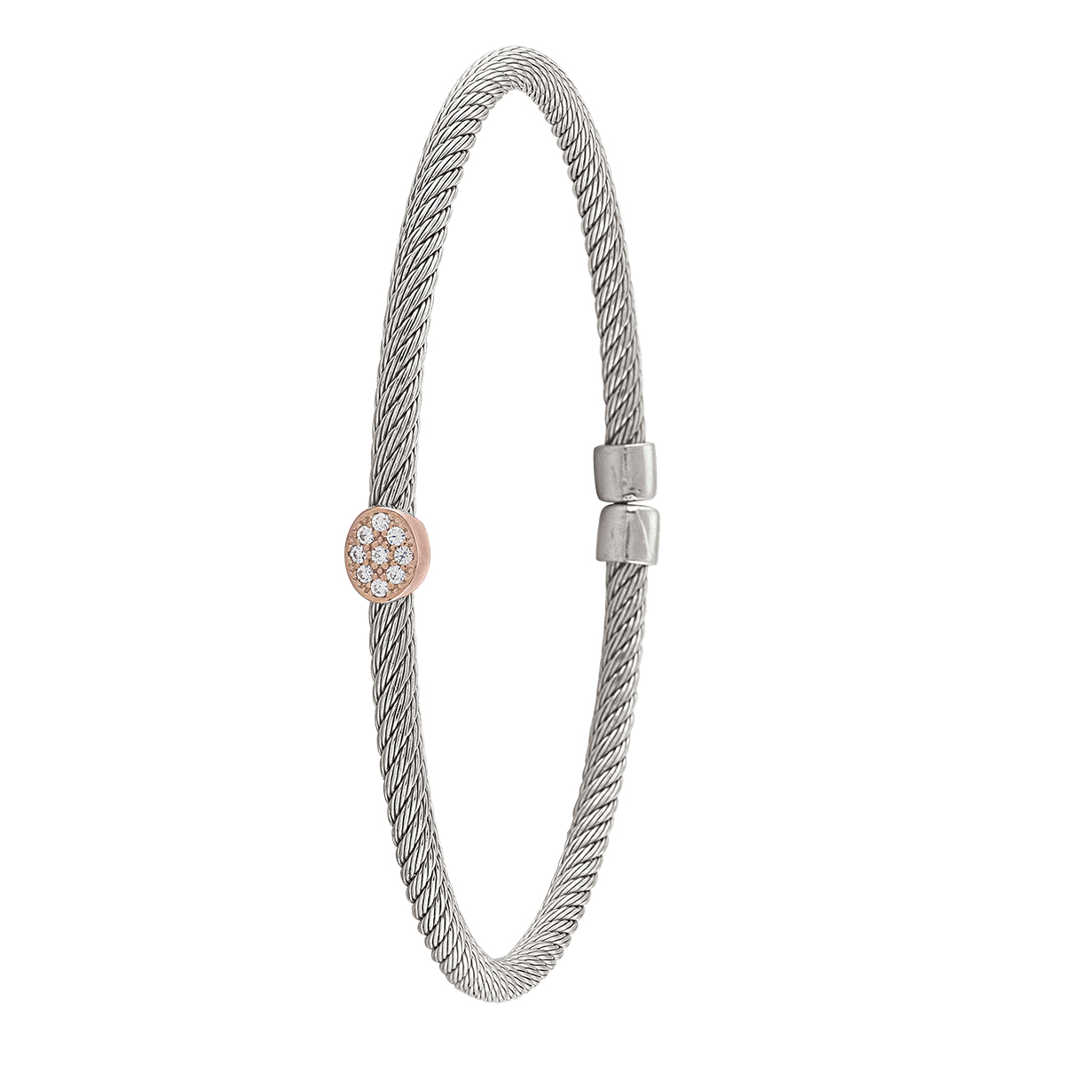 Sterling Silver Pink Gold And Rhodium Plated C.Z. Cuff Bangle