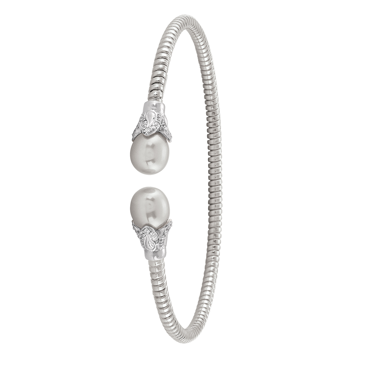 Sterling Silver Rhodium Plated And Pearl Fancy Bangle