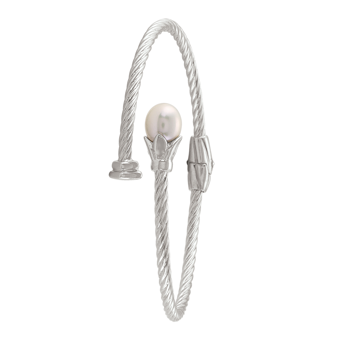 Sterling Silver Rhodium Plated And Pearl Fancy Bangle