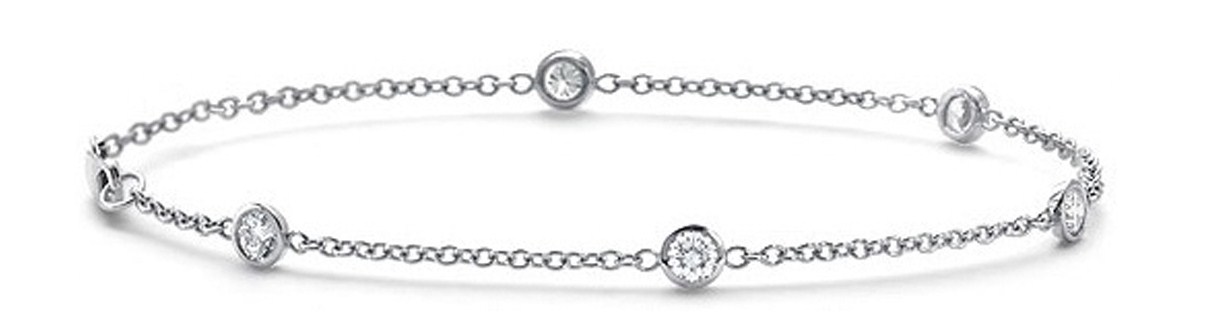 14K White Gold Diamond Five Bezel Station Bracelet 7.5" (Si/Gh)