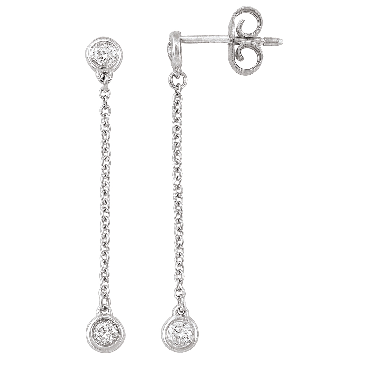 Diamond Bezel Drop Dangle Earrings With Four Diamond Bezels.