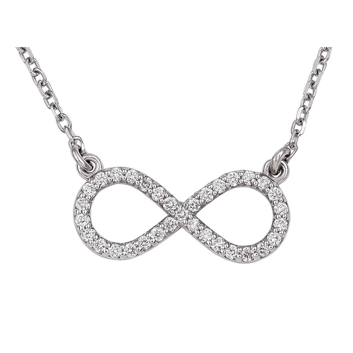 14K White Gold Small Diamond Infinity Necklace, With Solid 18" Cable Chain.