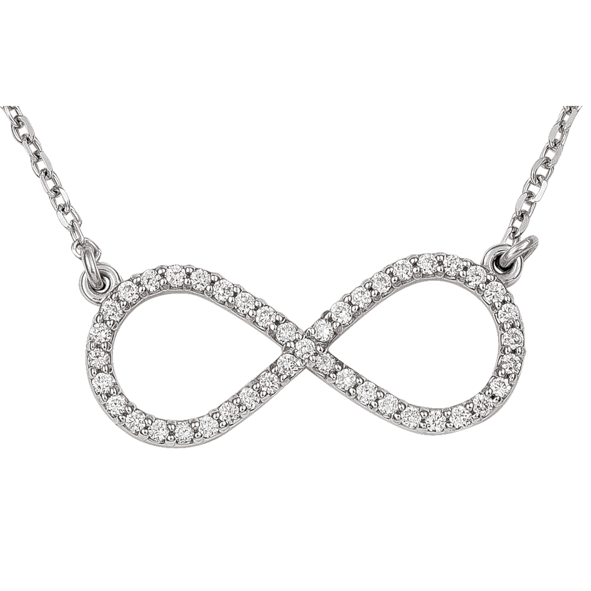 14K White Gold Large Diamond Infinity Necklace, With Solid 18" Cable Chain.
