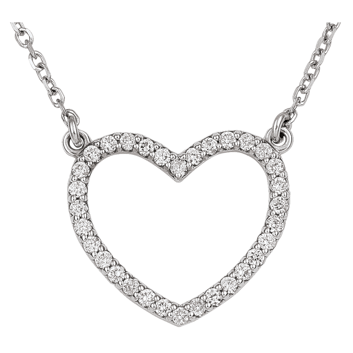 14K White Gold Large Diamond Open Heart Necklace, With Solid 18" Cable Chain.
