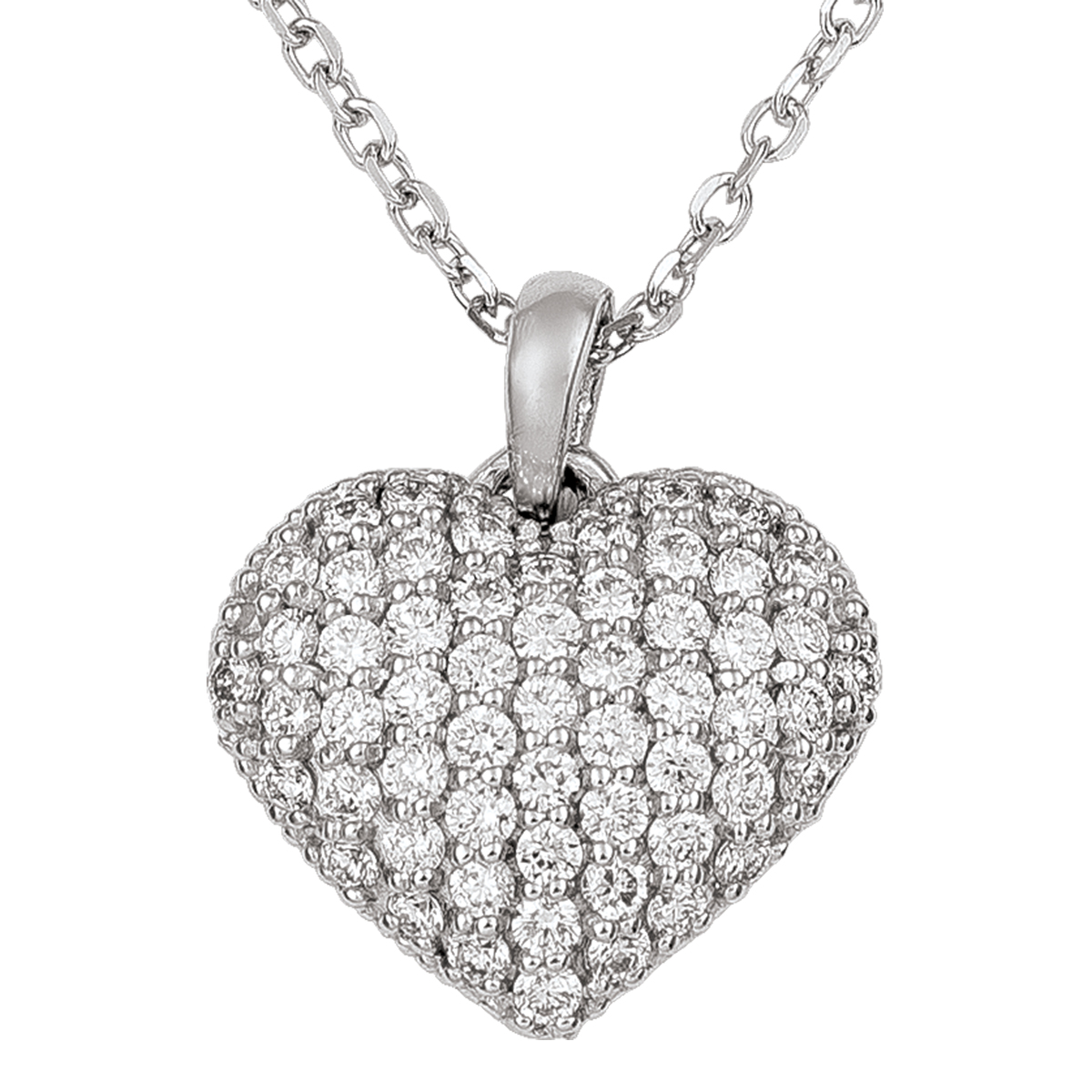 14K White Gold Small Diamond Puffed Heart Necklace, With Solid 18" Cable Chain.