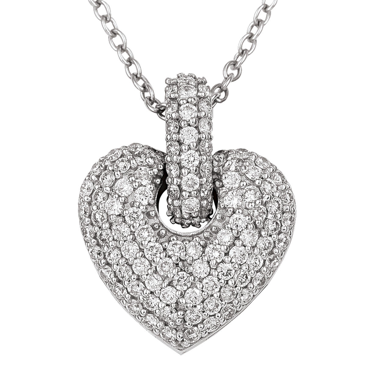 14K White Gold Large Diamond Puffed Heart Necklace, With Solid 18" Cable Chain.
