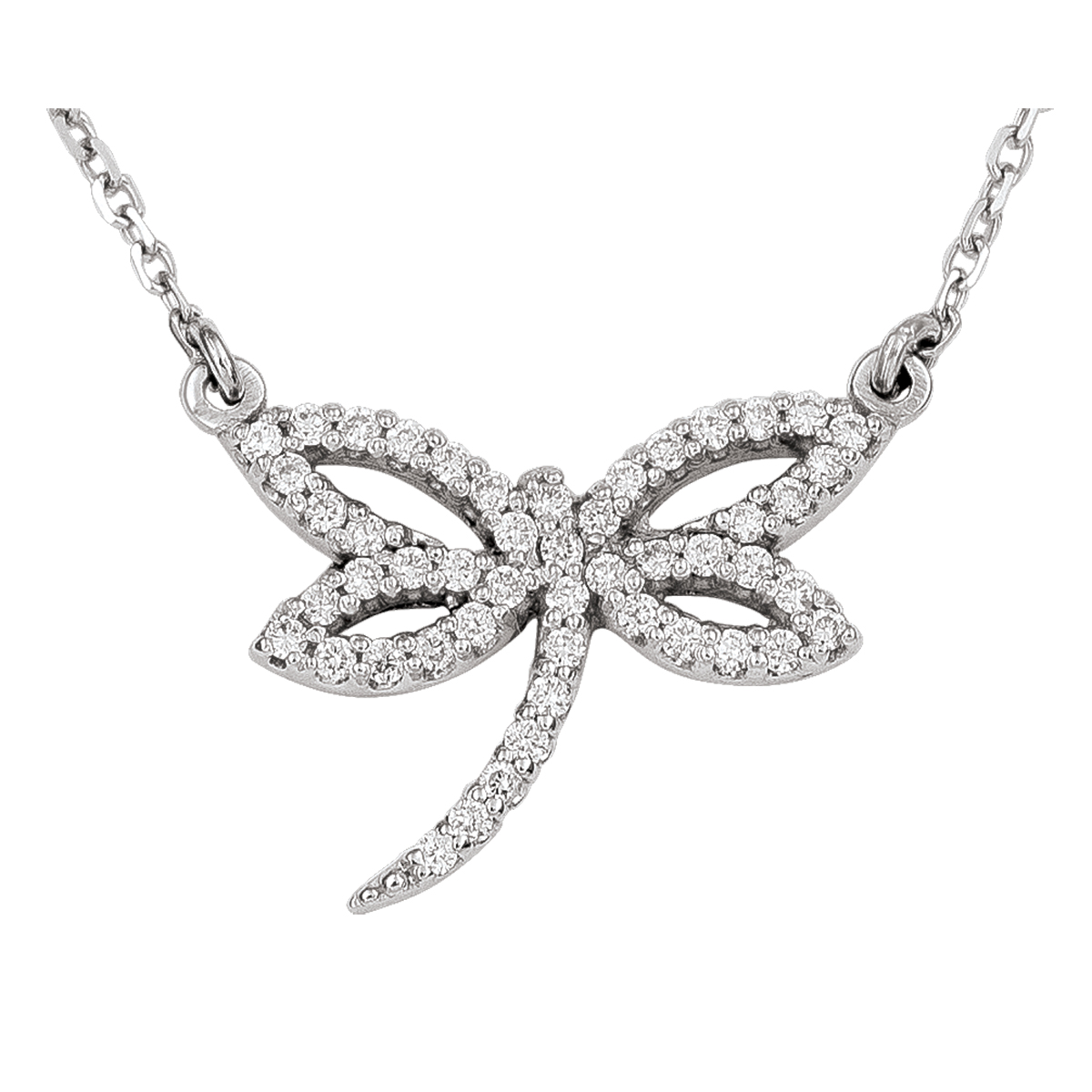 14K White Gold Diamond Dragonfly Necklace, With Solid 18" Cable Chain.