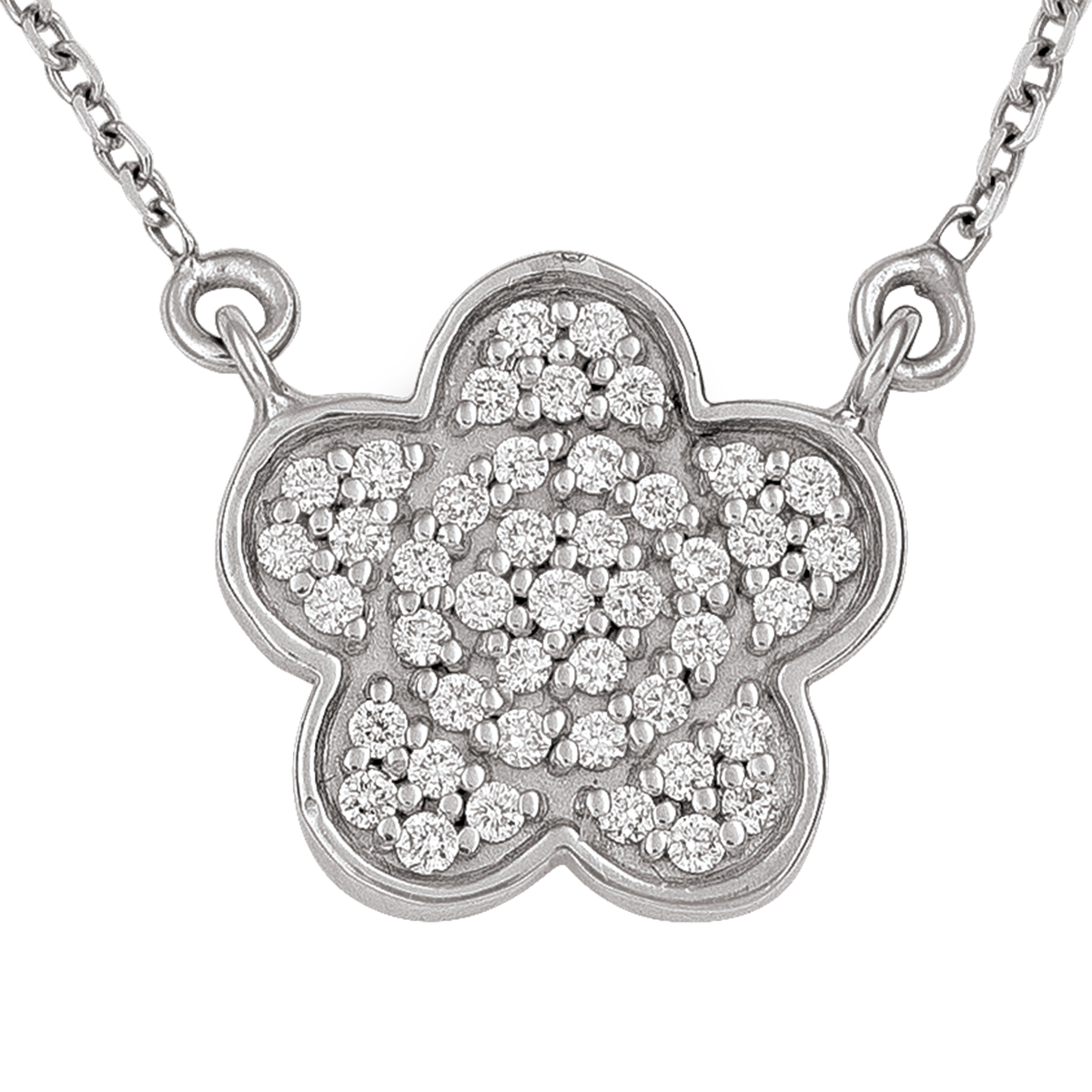 14K White Gold Diamond Flower Necklace, With Solid 18" Cable Chain.