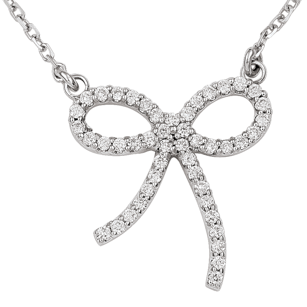 14K White Gold Diamond Bow Necklace , With Solid 18" Cable Chain.