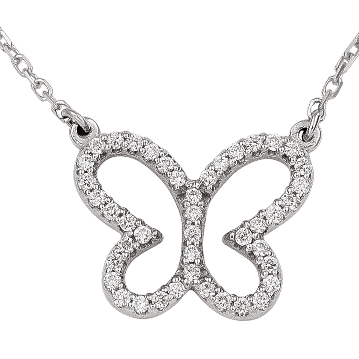 14K White Gold Diamond Butterfly Necklace, With Solid 18" Cable Chain.