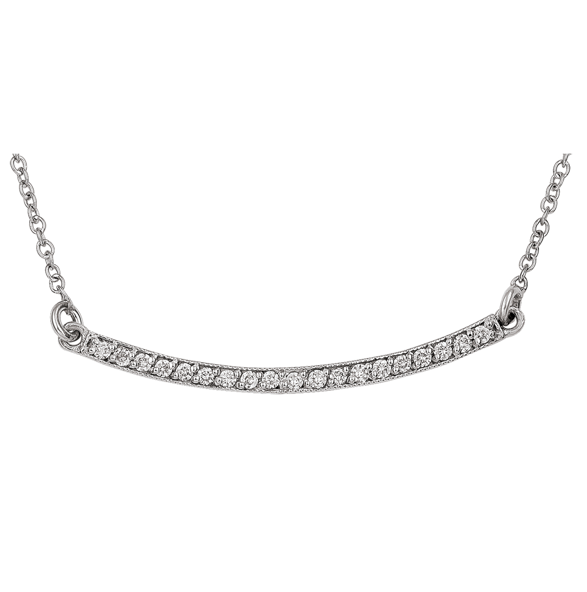 14K White Gold Diamond Curved Bar Necklace , With Solid 18" Cable Chain.