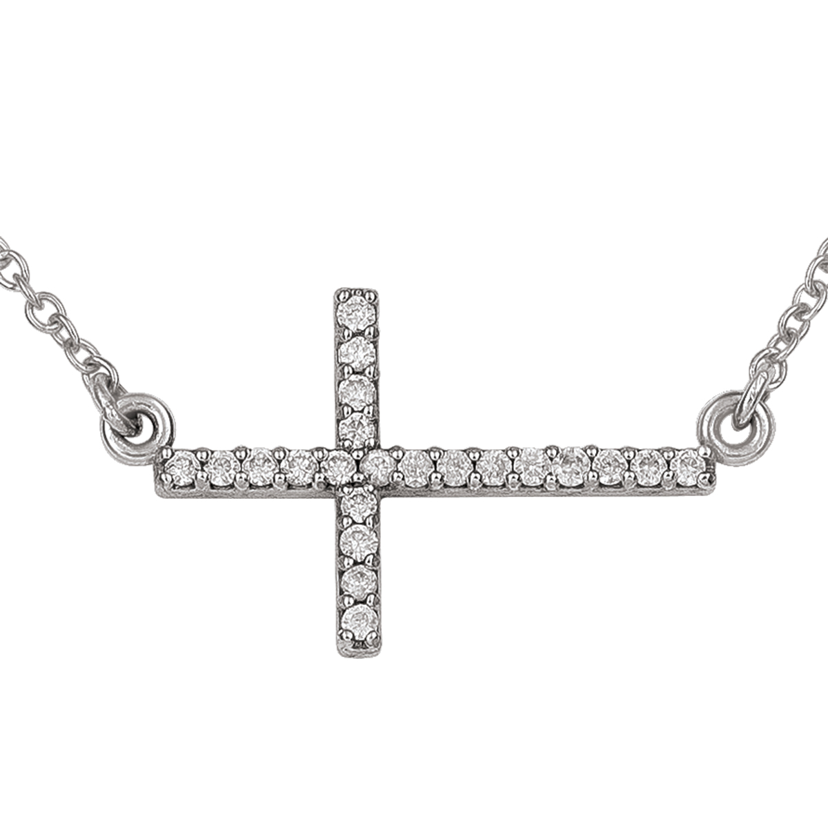 14K White Gold Sideways Cross Necklace, With Solid 18" Cable Chain.