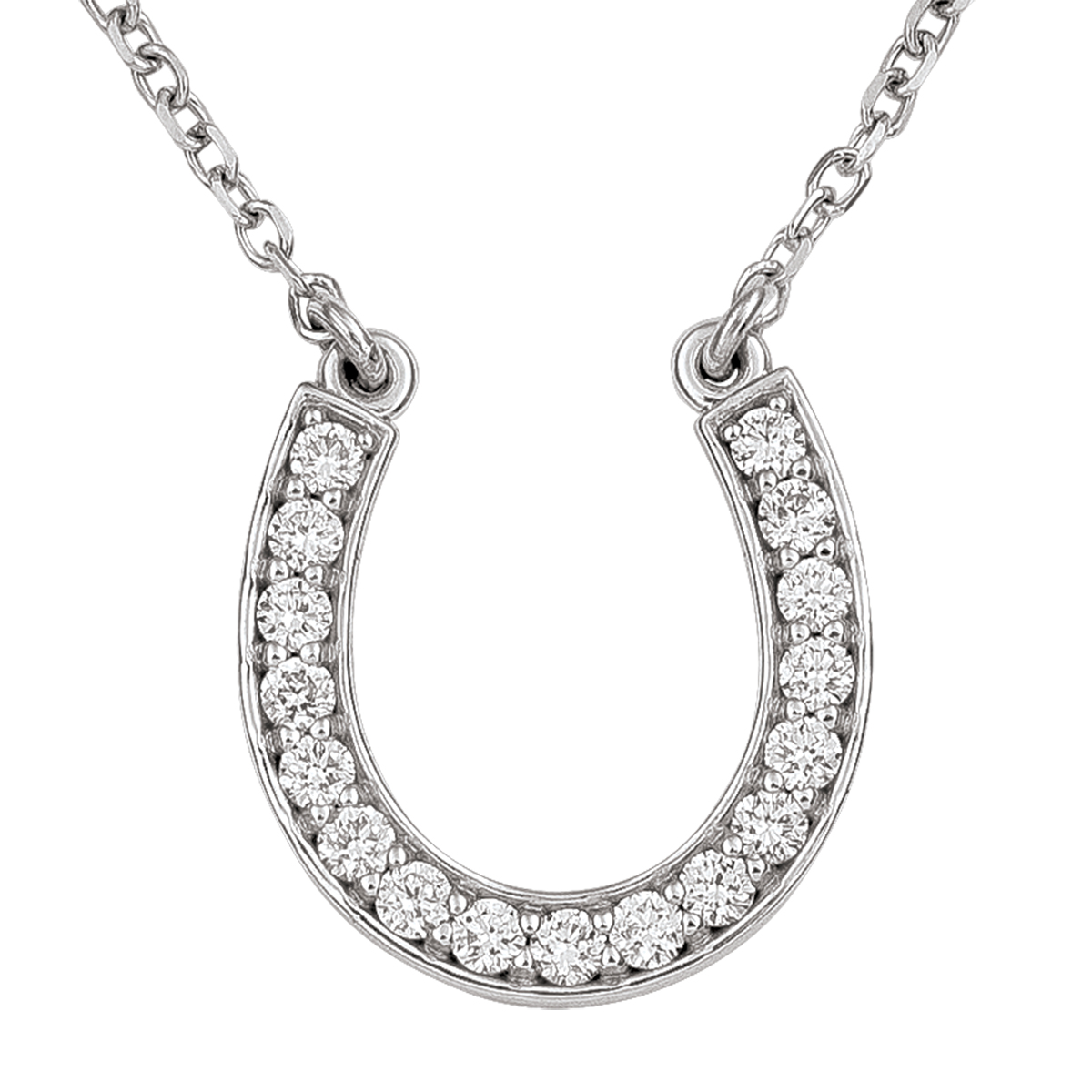 14K White Gold Diamond Horse Shoe Necklace, With Solid 18" Cable Chain.