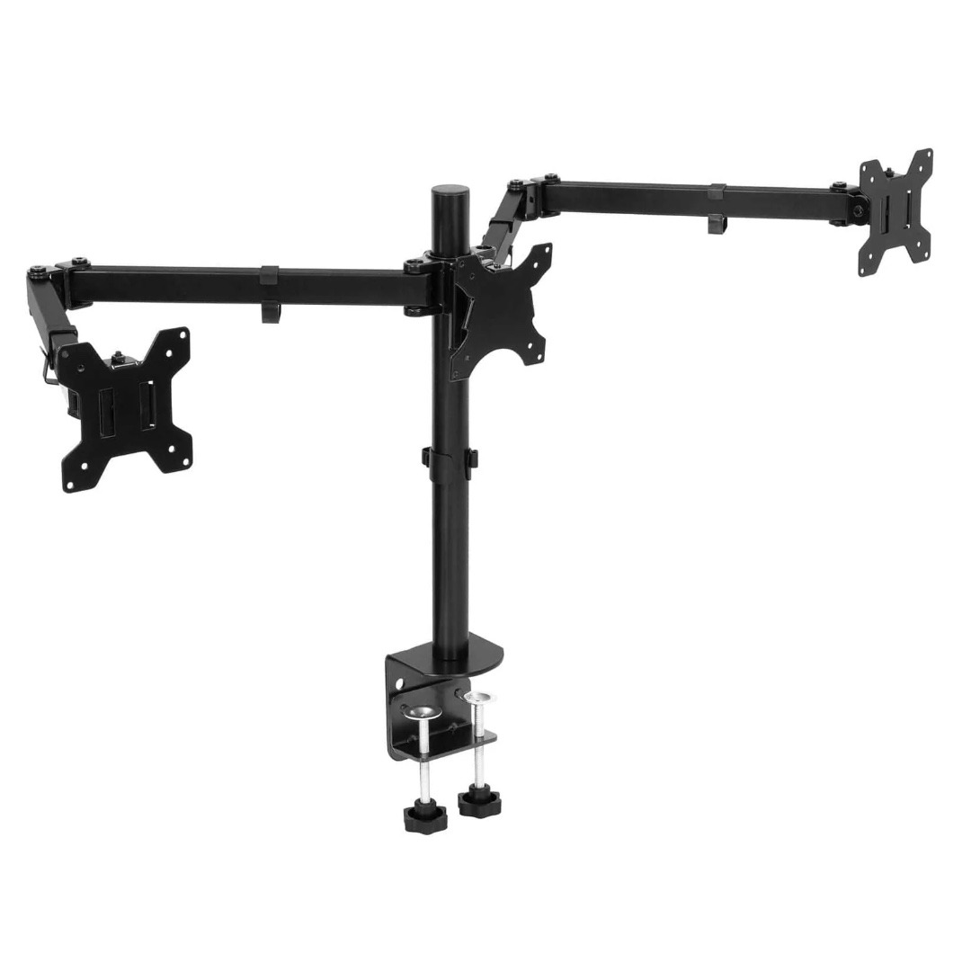 Mount-It! Triple Monitor Desk Clamp Up to 24 In Monitors 22 lbs per arm Tilt Swivel Articulating Height Retractable Dual Clamps for Stability – Black