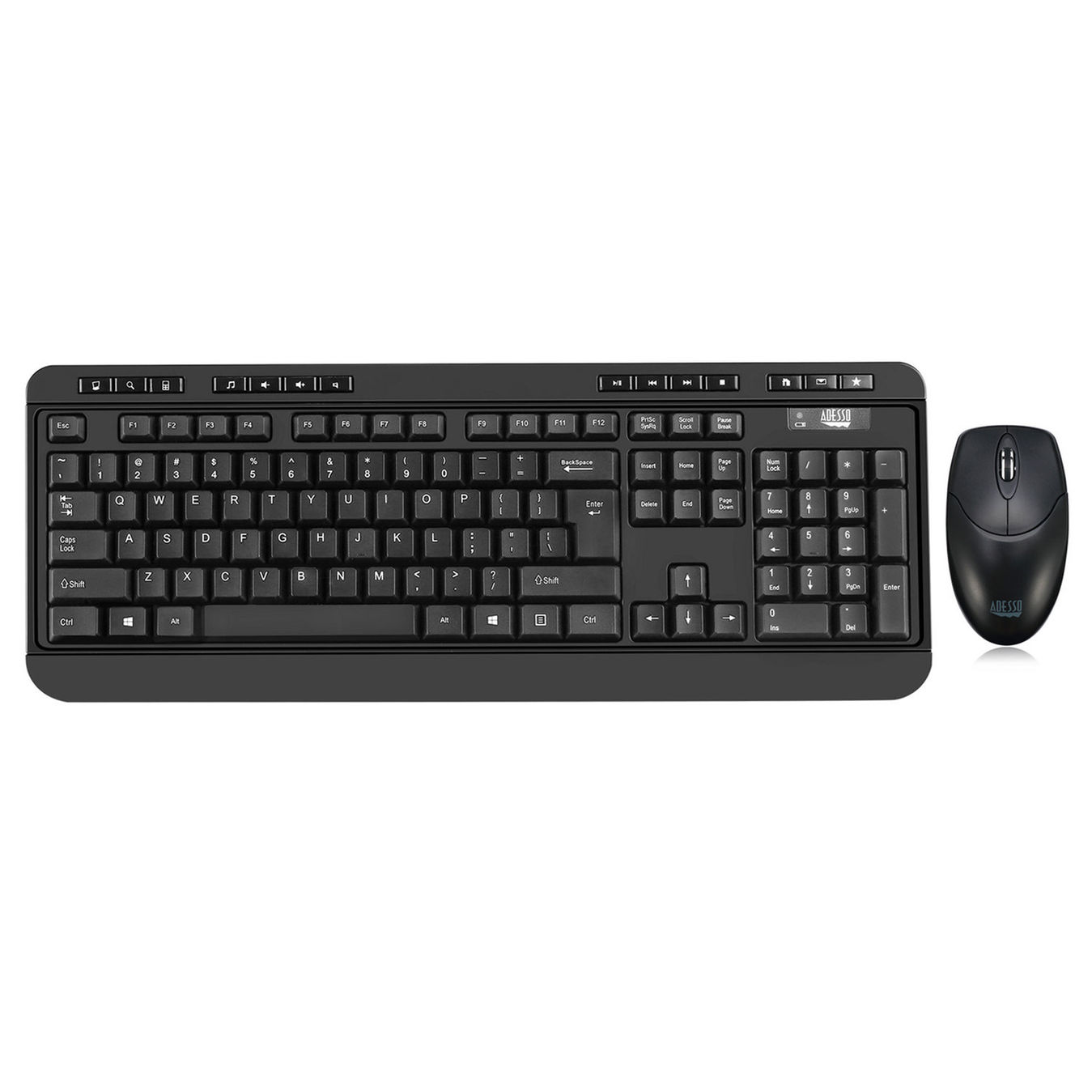 Adesso Keyboard & Mouse Combo Wireless Antimicrobial Multimedia 1200DPI PC/Mac - English -Black