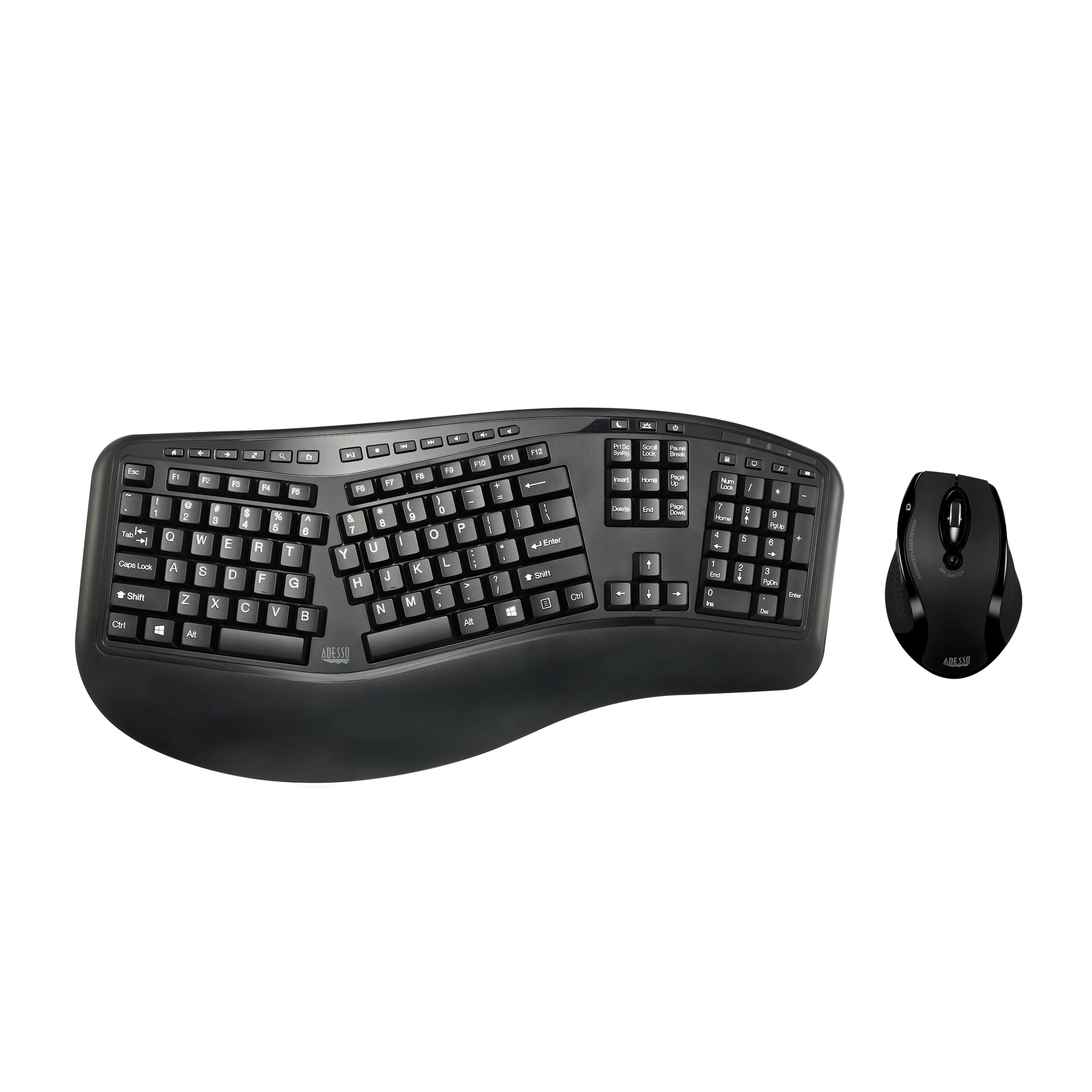 Adesso Keyboard & Mouse Combo Wireless Ergonomic - Laser Mouse Adjustable DPI Settings PC/Mac - Black