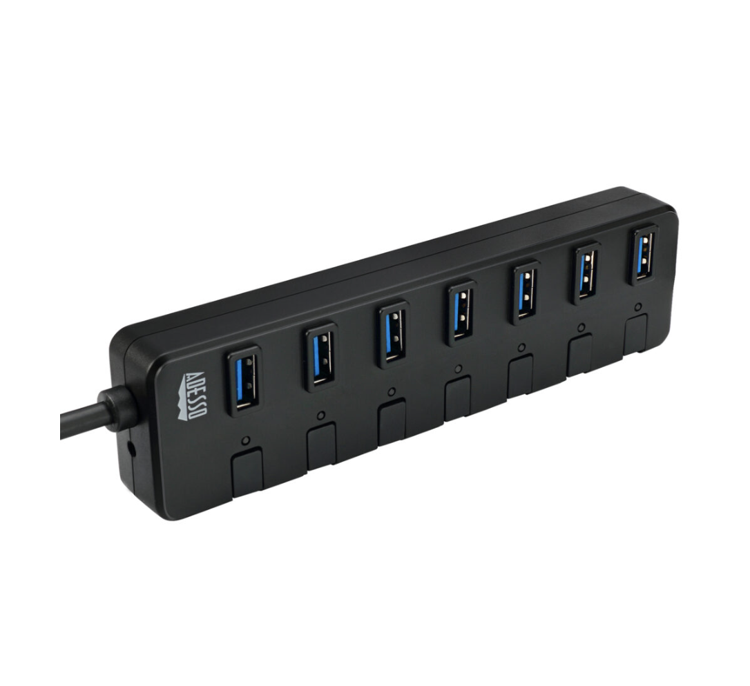 Adesso Hub 7 Port USB 3.0 Individual Power Switch & LED Indicator Lights Power Adapter Included  PC/Mac - Black
