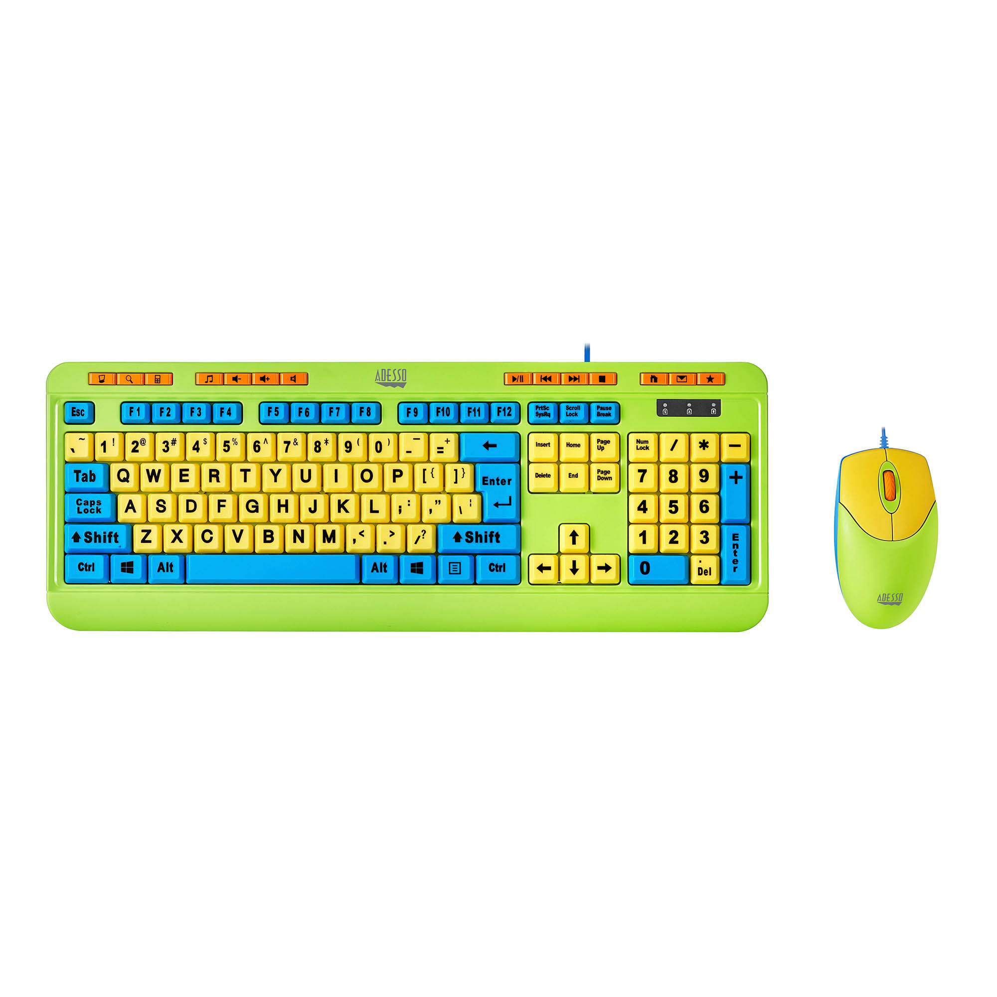 Adesso Keyboard & Mouse Combo Wired Antimicrobial Kids Large Print Colourful Set PC/Mac