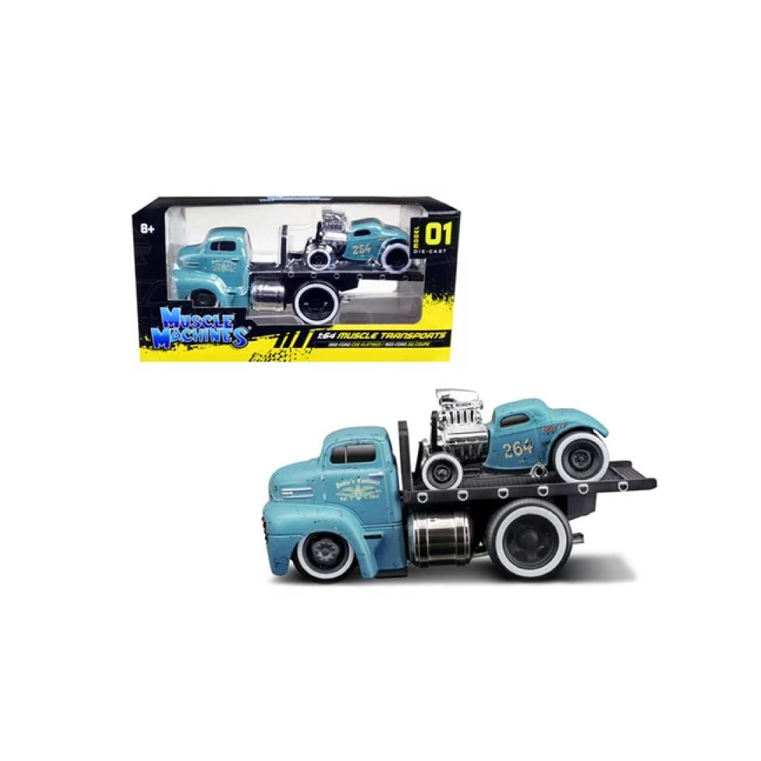 Maisto Muscle Machines Model 01 1950 Ford COE Flatbed Truck 1933 Ford 3W Coupe with Graphics Weathered 1/64 Diecast Model Cars Replica – Toy Light Blue