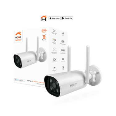 Nexxt Smart Home Outdoor Wifi Camera 2K 5MP Motion Activated LED 90 Lumens IP65 2 Way Communication Colour Night Vision RJ45 Port Google/Alexa – White