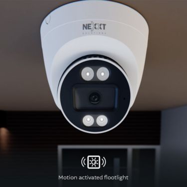 Nexxt Smart Home Indoor (Covered Outdoor) Turret Wifi Camera 2K Wired Motion Activated Light 400 Lumens – 2 Way Communication Night Vision – Siren  – White