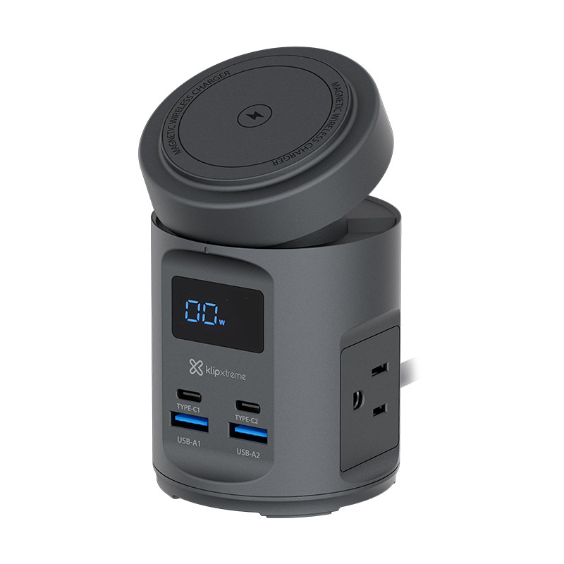 Klipxtreme Qi Charging Stand 7 in 1 PowerDesk Ultra Charge Pad (15W) 2x USB-C (65W PD) 2x USB-A (22.5W) 2x 65W AC Outlets LED Display – Black