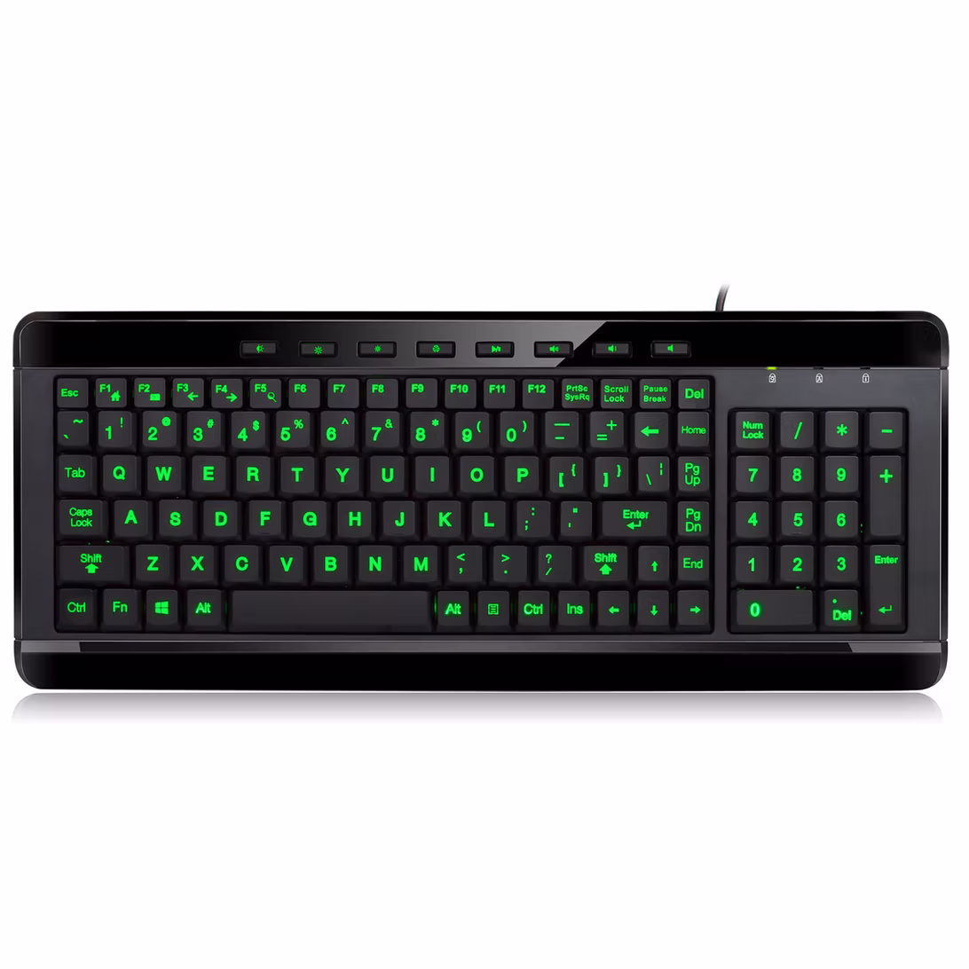 Adesso Keyboard Wired Compact 3-Color Illuminated Backlight 2x Large Print Keys Multimedia PC - Black
