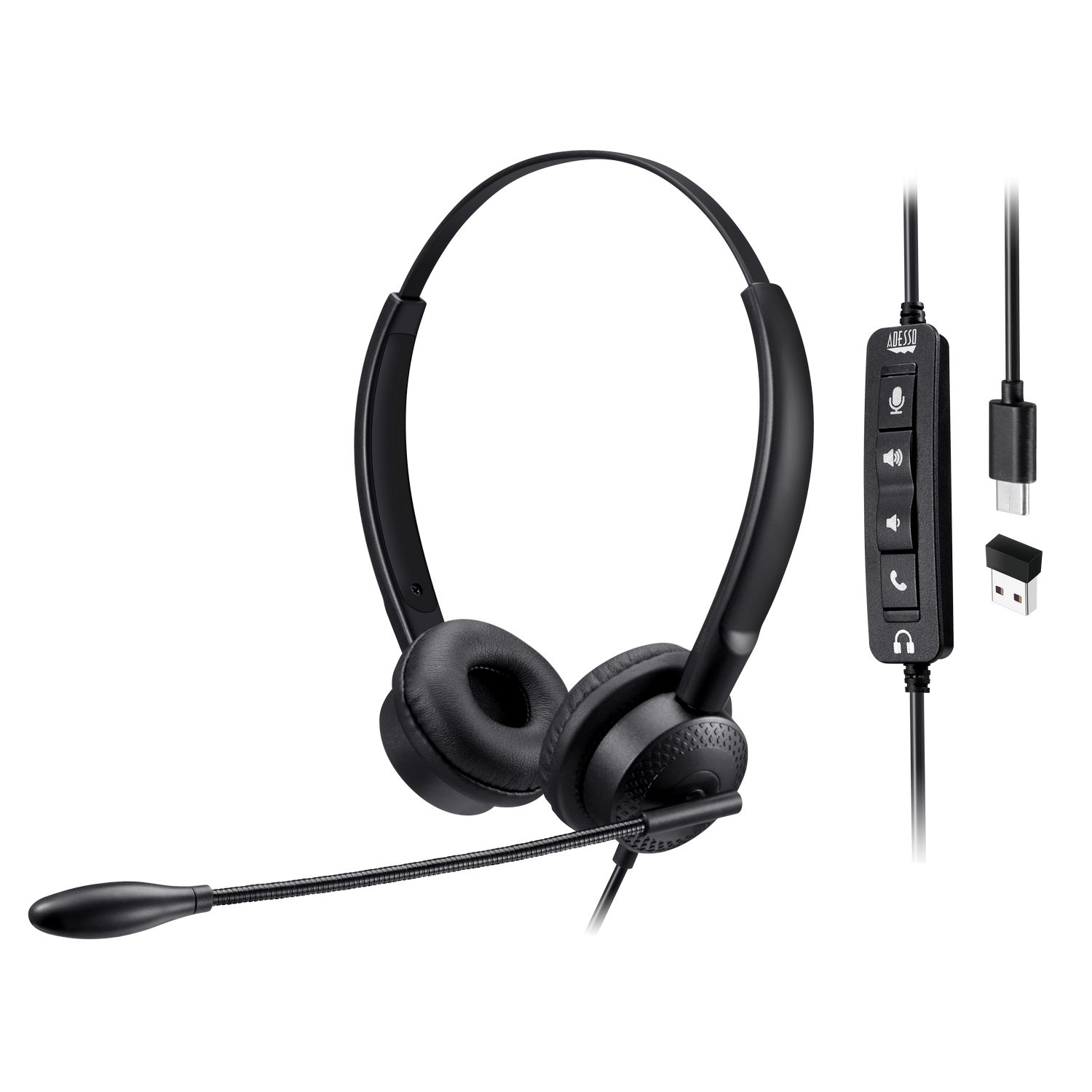 Adesso Headset Wired Stereo with Boom Mic Noise Cancelling Push-to-Talk USB-C with USB-A Adapter Inline Call Controls 6ft Cord – TAA Compliant – Black