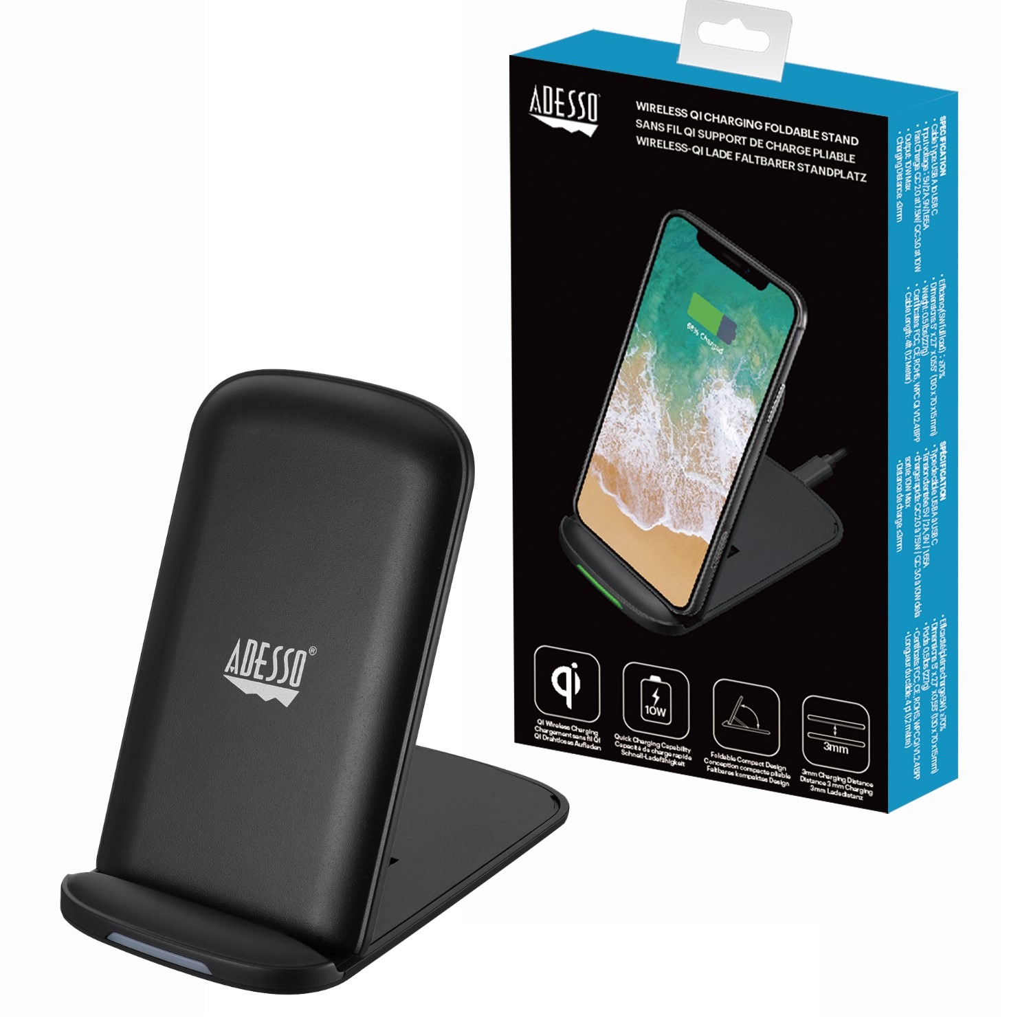 Adesso Qi Wireless Charger 10W Fast Charging Foldable Stand 2-Coil Design USB Type-C Connectivity Vertical & Horizontal Charging