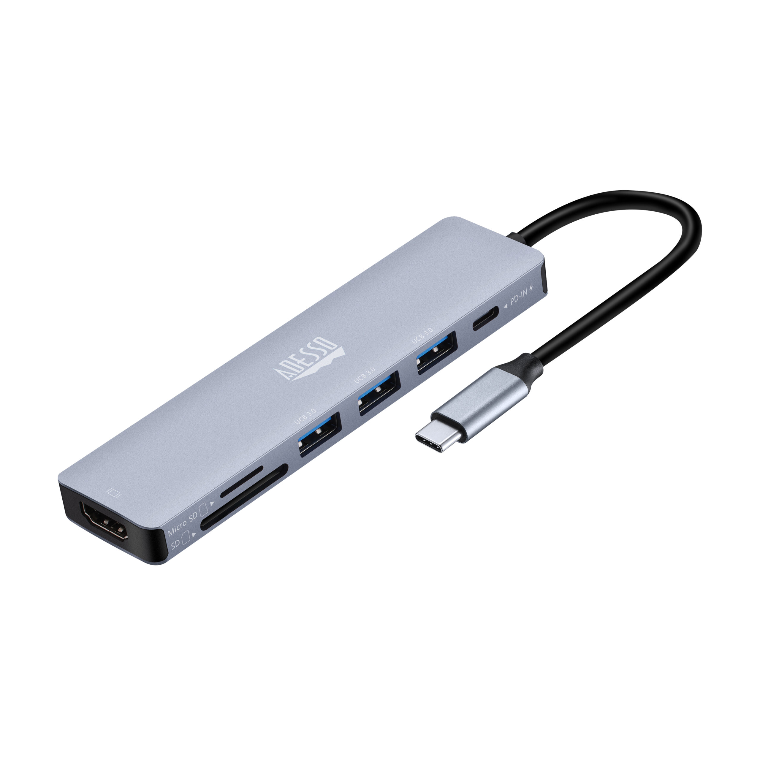 Adesso 7 in 1 Docking Station, USB C to HDMI,  PD,  3* USB A , Micro SD/SD Card reader
