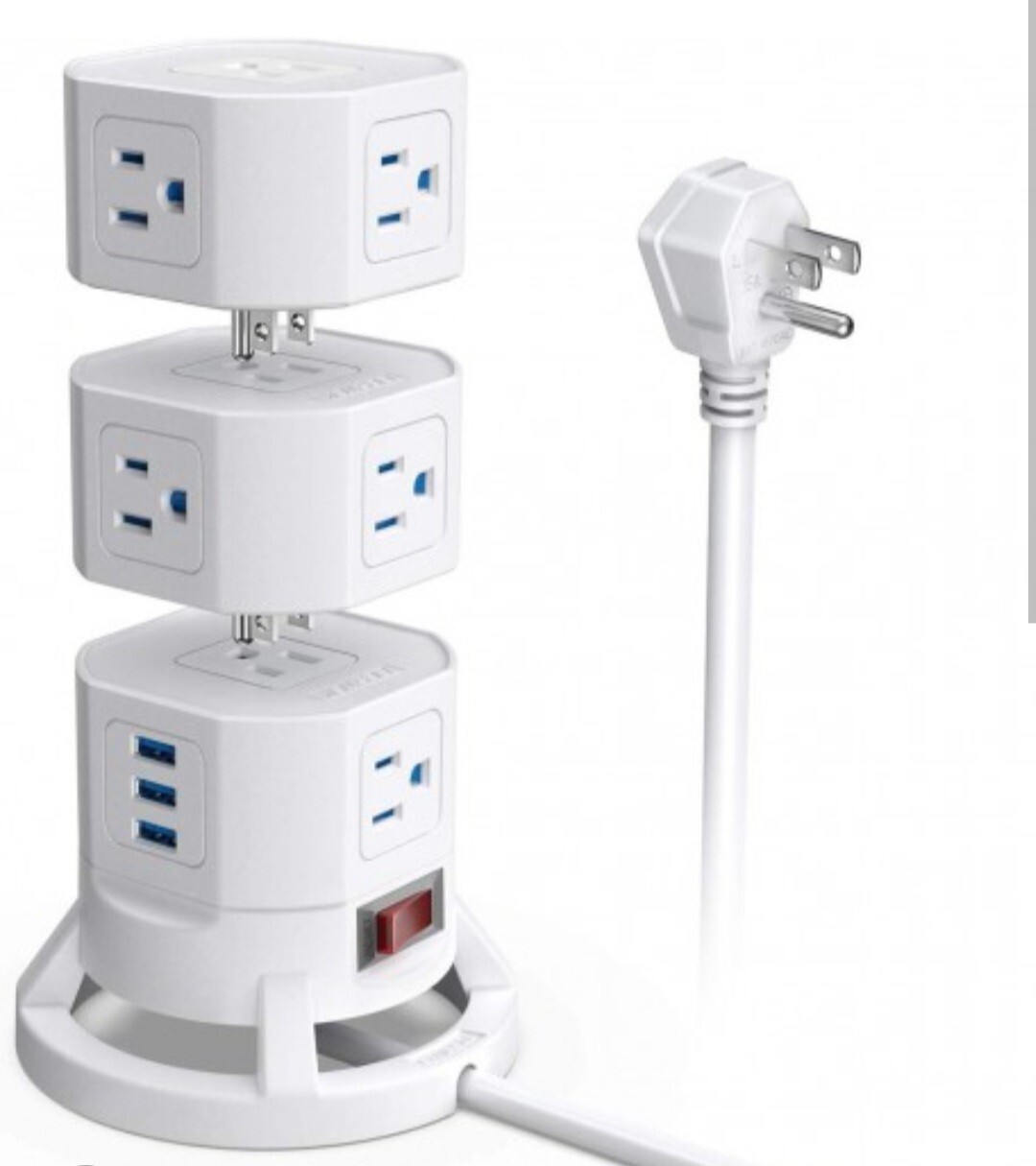 BESTEK Surge Protector Tower 12 AC Outlets with 3 Smart USB Ports Stackable Space-Saving Design 6ft Extension Cord – White