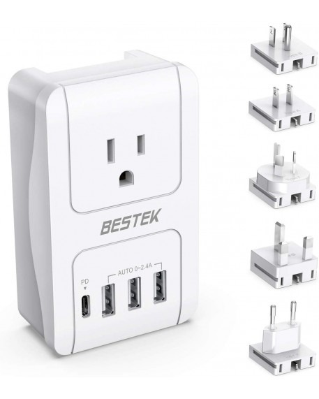 BESTEK World Travel Adaptor 300W with 1 x AC Outlet 3 x USB Ports & USB-C Port – White