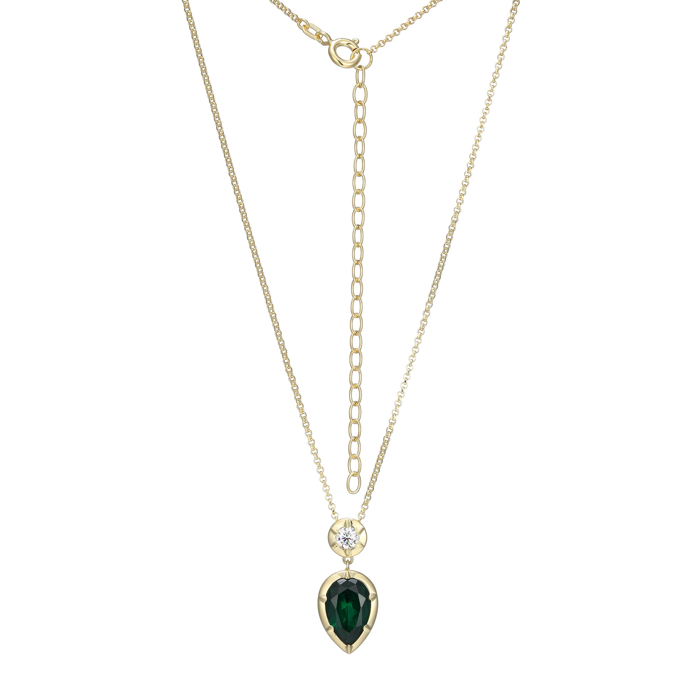 Ss Gp40(10k Color) Neck #111 Formica Nan0 Emerald Yellowish Green Vd Pr 12x8mm &amp; 3a Cz Rd 4mm R-2 Baby Rolo Chain 16" Ext 3"