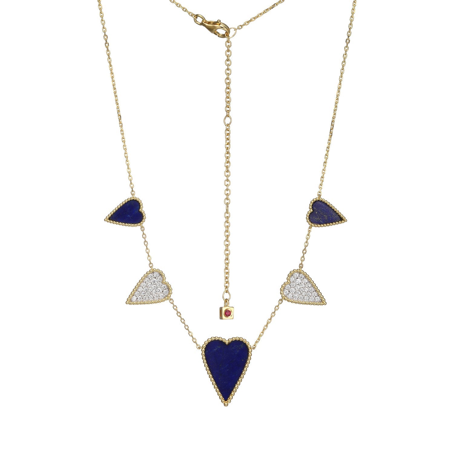 Sterling Silver "Long Love" Yellow Gold And Rhodium Plated Genuine Lapis And Cubic Zirconia Frontal Necklace 17"+3"